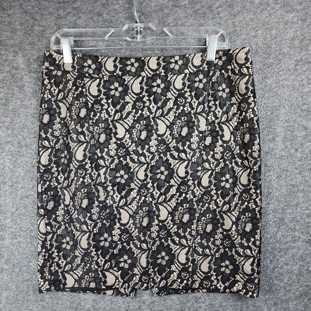 Express Skirt Womens 8 Pencil Black Nude Floral Lace Overlay EUC